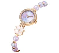 findtime Armbanduhr Damen Analoge Quarz Damenuhren Verstellbare Perlenarmband Exquisite Stylisches Elegante Vintage Uhr für Frauen Verstellbar Armreif Perlen und Strass Design Schmuck Gold Lila