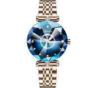 findtime Uhr Damen Analog Quarz Armbanduhren Gold Klassische Mode Damenuhr Edelstahlarmband Blaues Zifferblatt Blume 3ATM Wasserdicht Elegant Armreif Frauen Diamant Designer