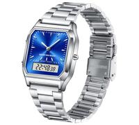 findtime Unisex Armbanduhr Analoge Digitale Retro Uhr Herren Damen Quarzuhr Wasserdicht Beleuchtung mit Datum Alarm Stoppuhr Herrenuhr Damenuhr Vintage Elegant Uhren Silber Blau Dunkelblau