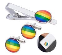 FINGERINSPIRE 1 Paar Regenbogen Manschettenknöpfe Und 1 Teilige Regenbogen Krawattenklammer Runde Regenbogen Manschettenknöpfe Bunte Streifen Manschettenknöpfe Runde Legierung LGBT Krawattenklammer