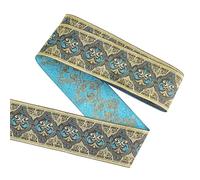FINGERINSPIRE 5m 50mm Gold Blau Vintage Jacquard Band Ethno Stil Blumenmuster Stickerei Gewebte Borte Polyester Stoff Borte Retro Nähband Für Kleidung Taschenriemen Handwerksdekor