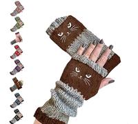 Fingerlose Katzenhandschuhe für Damen, niedliche Katzenstickerei, Spleißen, gestrickt, fingerlos, Braun