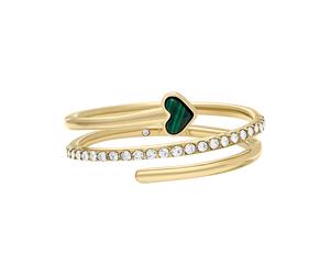 Fingerring FOSSIL "Schmuck Geschenk Edelstahl Ring JEWELRY Herz" Gr. 19, bunt (gelbgoldfarben, kristallweiß, grün), Fingerringe, Damen, 19, Edelstahl, 1,1mm, Fingerring, mit Glasstein, Malachit (10756