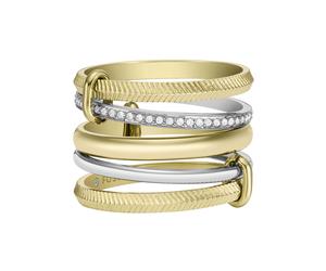 Fingerring FOSSIL "Schmuck JEWELRY ALL STACKED UP TWO-TONE PRESTACK RING" Gr. 16,5, gelb (edelstahlfarben, gelbgoldfarben, kristallweiß), Fingerringe, Damen, 16,5, Edelstahl, 15,6mm, Fingerring, mit G