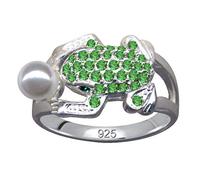 FINGERRING Frosch mit Perle/Echt Silber 925 mit Zirkonia/Klassik Design/Steinfarbe: klar grün/modern cool trendy hip/Online Shop Schmuck kaufen / 59075