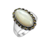 Fingerring ZEEME "Silber 925 oxydiert mit weißem Perlmutt und 18 Markasit-Steinen" Gr. 54, schwarz, Fingerringe, Damen, 054 (17,2), Silber 925 (Sterlingsilber), Fingerring (073776-54) schwarz