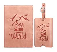 Fintie Reisepasshülle und Gepäckanhänger Set, Reisepass Impfpass Hülle mit RFID Blockier, Kofferanhänger mit Adressschild Namenschild für Reisetasche Koffer, Vintage Rosa