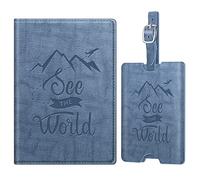 Fintie Reisepasshülle und Gepäckanhänger Set, Reisepass Impfpass Hülle mit RFID Blockier, Kofferanhänger mit Adressschild Namenschild für Reisetasche Koffer, Vintage Blau