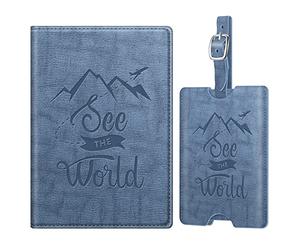 Fintie Reisepasshülle und Gepäckanhänger Set, Reisepass Impfpass Hülle mit RFID Blockier, Kofferanhänger mit Adressschild Namenschild für Reisetasche Koffer, Vintage Blau