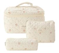 Fiorky 3-teiliges gestepptes Kosmetiktasche-Set aus Baumwolle mit Blumenmuster, großes Fassungsvermögen, Reißverschluss, Baumwoll-Aufbewahrungstaschen-Set for Mädchen, ästhetisches