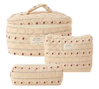 Fiorky 3-teiliges gestepptes Kosmetiktasche-Set aus Baumwolle mit Blumenmuster, großes Fassungsvermögen, Reißverschluss, Baumwoll-Aufbewahrungstaschen-Set for Mädchen, ästhetisches