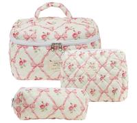 Fiorky 3-teiliges großes Make-up-Taschen-Set mit weit geöffnetem Reißverschluss, Reise-Make-up-Taschen-Set, tragbare Kosmetiktasche, großes Fassungsvermögen, Gesteppte Kokette-Kulturtasche