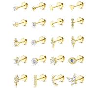 FIOROYAL 20 Pieces Tiny Cartilage 20G Hypoallergen Medizinische ohrstecker Knorpel Helix Ohrringe Stern Mond Ball Schlange Zirkonia Flatback Piercing Ohrringe Set für Damen Herren Gold