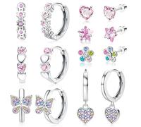 FIOROYAL 7 Paar Hypoallergene Silber Creolen Ohrringe für Mädchen Damen,Kleine Stern Butterfly Medizinische Ohrringe Set,Süße Herz Hängeohrringe,Rosa CZ Blumen Ohrstecker Chirurgenstahl für Kinder