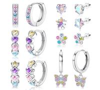FIOROYAL 7Paar Hypoallergene Creolen Ohrringe für Mädchen Damen, Silber Kleine Stern Blumen Medizinische Ohrringe Set, Süße Herz Hängeohrringe,Bunte CZ Ohrstecker Chirurgenstahl für Kinder
