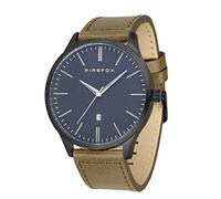 FIREFOX Herren- Armbanduhr XCHANGE analog Quarz Edelstahl matt schwarz Lederarmband braun-Oliv Zifferblatt blau Datumsanzeige 5 ATM wasserdicht FFPL01-134