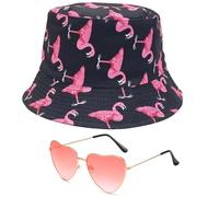 Fischerhut Flamingo, Reversibel Fischerhüte mit Retro Brillen in Herzform, Sonnenhut for Damen und Herren, 2 in 1 Sommerhut, Faltbarer Bucket Hat Sonnenschutz, Anglerhut für Outdoor Strand Reisen