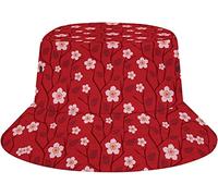 Fischerhut für Frauen, rote Blumen auf Zweigen, roter Hintergrund, Sommer, Unisex, Mode, Eimer, Bedruckt, Sonnenkappe, verstaubar, Outdoor-Fischerhut für Damen und Herren, Teenager, STR