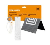 Fiskars Schlaufen-Set, Rollschneider mit 45 mm Stahlklinge, Nählineal für präzise Messungen, faltbare Schneidematte für alle Stoffschneidebedürfnisse, Grau