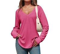 Fisoew Damen Langarmshirt Tiefer V-Ausschnitt Langarm Longshirt Oversized Shirts Lang Tunika Oberteile mit Daumenloch,Rosarot,S