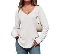 Fisoew Damen Langarmshirt Tiefer V-Ausschnitt Langarm Longshirt Oversized Shirts Lang Tunika Oberteile mit Daumenloch,Weiß,XXL