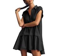 Fisoew Damen Sommerkleid 100% Baumwolle Patchwork Kleider mit V-Ausschnitt Shirtkleider Oversized Blusenkleid(Schwarz, M)