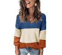 Fisoew Damen V-Ausschnitt Strickpullover Langarm Gerippte Pullover | Leicht,Häkelpullover,Casual,Sweater