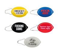 Fisura - 5er-Set ovale Münzbörsen aus Gummi mit Sprüchen. Retro-Geldbörsen mit Kette, kleine Taschen für die Hosentasche, Unisex Geschenkidee. 5 Stück.