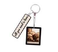 Fisura Origineller Schlüsselanhänger aus Metall mit Fotohalter und Spruch "All you need is love", Schlüsselanhänger für Damen, schwarz und beige, origineller Fotorahmen, Geschenk für Frau zum