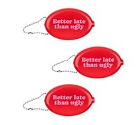 Fisura - Ovale Münzbörse aus Gummi “Better Late” in Rosa. Retro-Geldbörse mit Kette, Mini-Geldtasche für unterwegs, Unisex Accessoire und witzige Geschenkidee. 3 Stück.