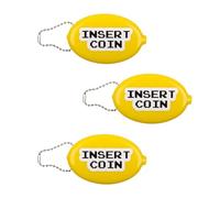 Fisura - Ovale Münzbörse aus Gummi “Insert Coin” in Gelb. Retro-Geldbörse mit Kette, kleine Unisex Geldtasche für den Alltag, witzige Geschenkidee. 3 Stück.