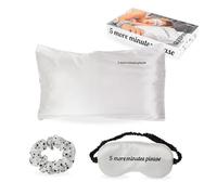 Fisura - Schlafset “5 more minutes”. Enthält: Satin-Kopfkissenbezug 50x70 cm, weiches Haargummi aus Satin und bequeme Schlafmaske. Originelle Geschenkidee für Frauen.