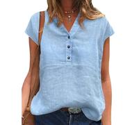Fit Shirt mit V Ausschnitt, leichte Baumwollmischung, kurzärmeliges Oberteil mit Knöpfen, Freizeitkleidung, einfarbiges T Shirt für Damen, leichte, kurzärmlige Baumwollbluse, Knopfleiste vorne, V