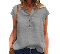 Fit Shirt mit V Ausschnitt, leichte Baumwollmischung, kurzärmeliges Oberteil mit Knöpfen, Freizeitkleidung, einfarbiges T Shirt für Damen, leichte, kurzärmlige Baumwollbluse, Knopfleiste vorne, V