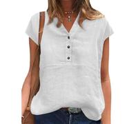 Fit Shirt mit V Ausschnitt, leichte Baumwollmischung, kurzärmeliges Oberteil mit Knöpfen, Freizeitkleidung, einfarbiges T Shirt für Damen, leichte, kurzärmlige Baumwollbluse, Knopfleiste vorne, V