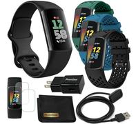 Fitbit Charge 6 Fitness-Tracker-Uhr mit Google-Apps (schwarz), Paket mit PremGear 3 komfortablen Silikon-Uhrenarmbändern, 91 cm Ladekabel, Adapter, Displayschutzfolien und Tuch