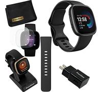 Fitbit Versa 4 Gesundheits- und Fitness-Smartwatch (Schwarz/Graphit) mit integriertem GPS, 6 Tage Akkulaufzeit, S & L Bänder, Bundle mit 1 m Ladekabel, Wandadapter, Displayschutzfolien & PremGear Tuch