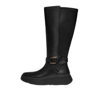 Fitflop F-Mode Damen-Stiefel aus Leder, quadratischer Ring, flache Form, hohe Stiefel, kniehoch, Schwarz, Größe 39, Schwarz, 39 EU