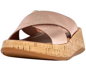 Fitflop F-Mode Damen Leder/Kork Flatform Cross Slide Flache Sandalen, rose gold, 39 EU