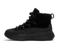 Fitflop F-Mode Damen-Stiefelette mit Teddy-Kragen, warmes Wildleder, Schnürstiefelette, Schwarz, Größe 42, Schwarz, 42 EU