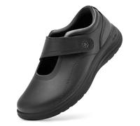 FitVille Extra Weite Senioren Schuhe mit Klettverschluss Damen Mary Jane Halbschuhe aus Mikrofaserleder Weiche Freizeit Walkingschuhe Bequeme Business Anzugschuhe für Breite Füße Schwarz EU Weit 42