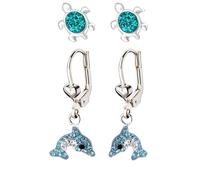 FIVE-D Kinder Ohrringe - Delfin Schildkröte 925 Silber - Hochwertige Mädchen Ohrstecker - Geschenk Set Kinderschmuck (Delfin-Blaugruen)