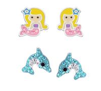 FIVE-D Kinder Ohrringe - Delfin Schildkröte 925 Silber - Hochwertige Mädchen Ohrstecker - Geschenk Set Kinderschmuck (Meerjungfrau-Pink)
