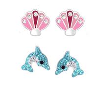 FIVE-D Kinder Ohrringe - Delfin Schildkröte 925 Silber - Hochwertige Mädchen Ohrstecker - Geschenk Set Kinderschmuck (Muschel-Rosa)