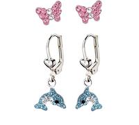FIVE-D Kinder Ohrringe Kristall Delfin 925 Sterling Silber Creolen Ohrhänger (Hellblau-Schmetterling)