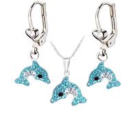 FIVE-D Kinder Ohrringe Kristall Delfin 925 Sterling Silber Creolen Ohrhänger (Set-Blau)