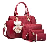 FiveloveTwoDamen 4Tlg. Handtaschen Set Umhängetasche Schultertasche Tasche PU Shopper Clutch Kartenhalter Geldbörse Tragetasche mit Bär Ornamente (Burgundy)