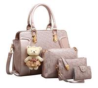 FiveloveTwoDamen 4Tlg. Handtaschen Set Umhängetasche Schultertasche Tasche PU Shopper Clutch Kartenhalter Geldbörse Tragetasche mit Bär Ornamente (Rose Gold)