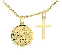 FJ 18K Vergoldet Heiliger Christophorus Kette mit Kreuz 925 Sterling Silber Heiliger Christophorus Anhänger Halskette für Damen Mädchen Jungs Kinder
