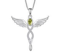 FJ Engelsflügel Kette Damen 925 Sterling Silber Schutzengel Anhänger Halskette Infinity Unendlichkeit Kette Peridot August Geburtsstein Kette Schmuck Geschenke für Frauen Mädchen